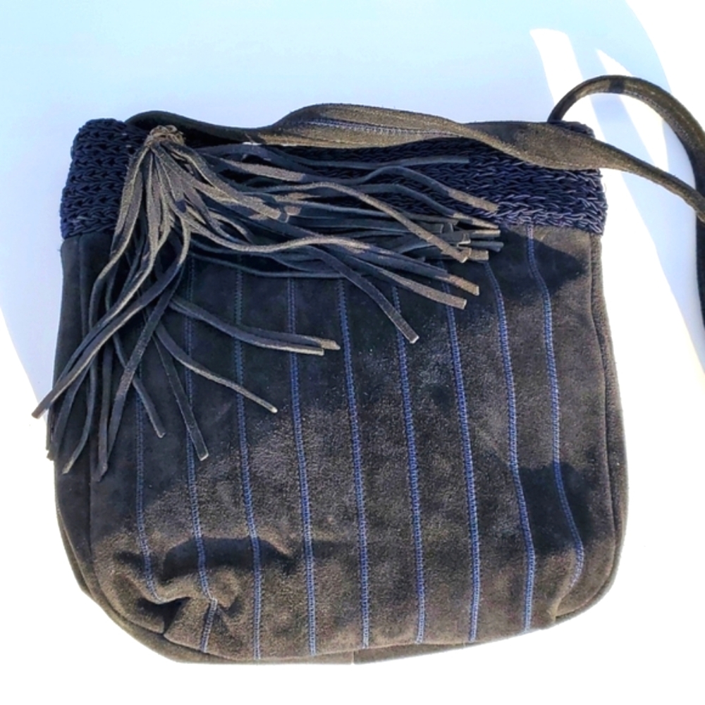 Vintage Sharif Blue and Gray Suede Shoulder Bag Purse With Fringe Tassel